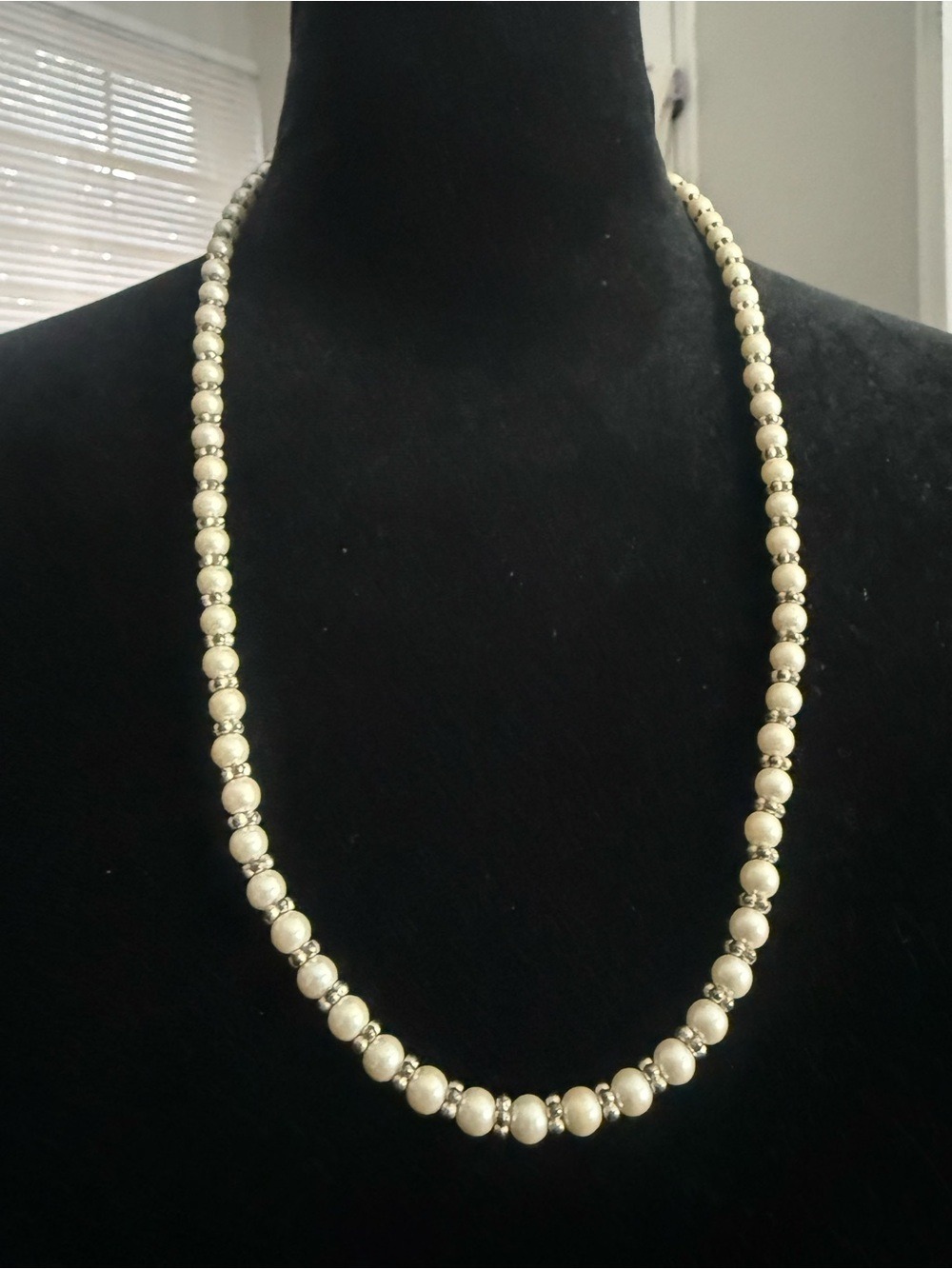 Vintage Napier Faux Pearl & Silver Tone Beaded Necklace Stamped 23.5”